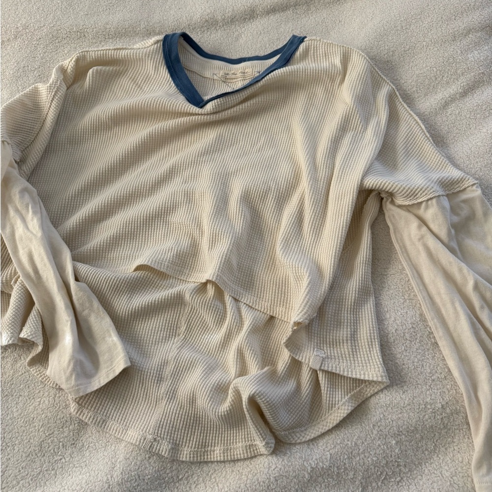 Free People Cream and Blue Crew Neck Sweater